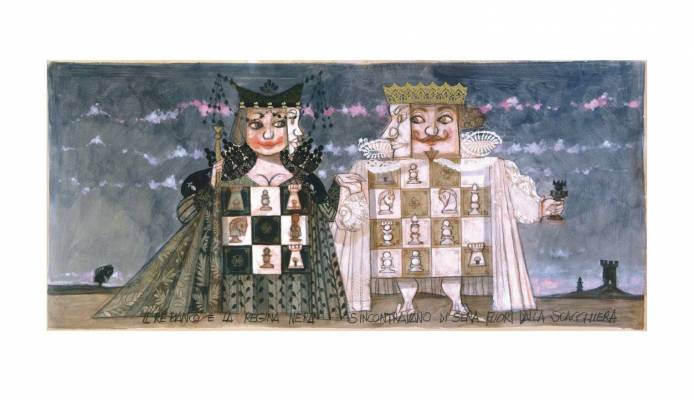 Paolo Fresu - Serigrafie - Il re bianco e la regina nera si incontrano alla sera fuori dalla scacchiera - Serigrafia a tiratura limitata con collage di stoffa - cm 104x60 - Galleria Casa d'Arte - Bra (CN)